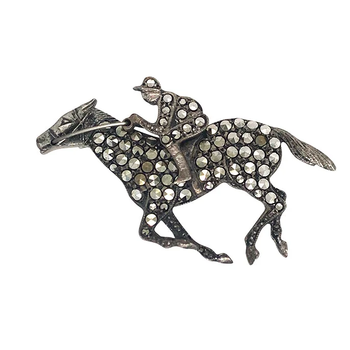 sparkling crystal flower brooch for women-Marcasite Racehorse Brooch