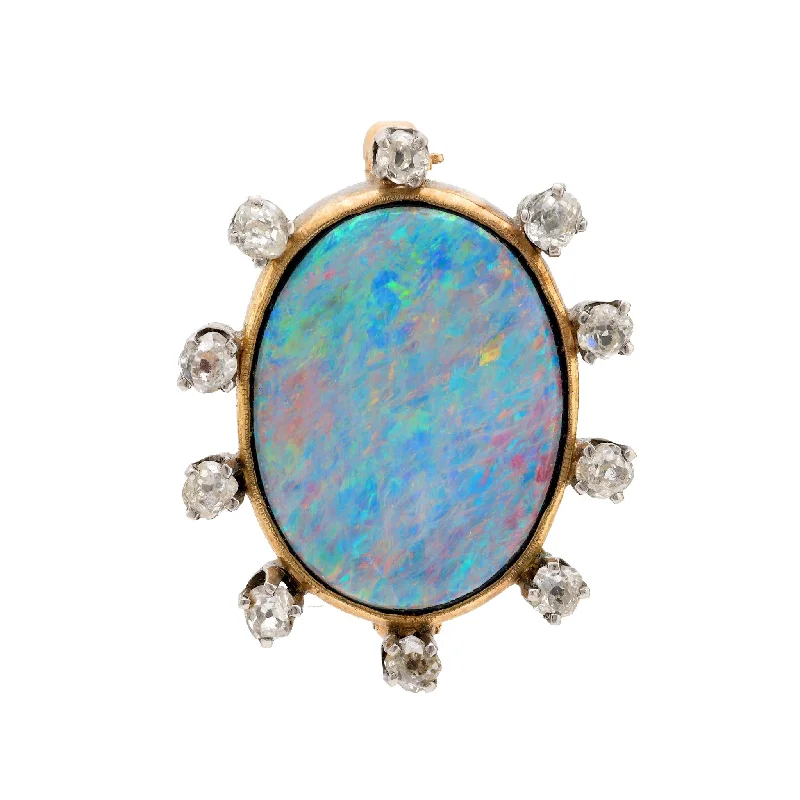 wedding brooch for brides-Antique 4.90 carat doublet opal diamond 18k yellow gold brooch