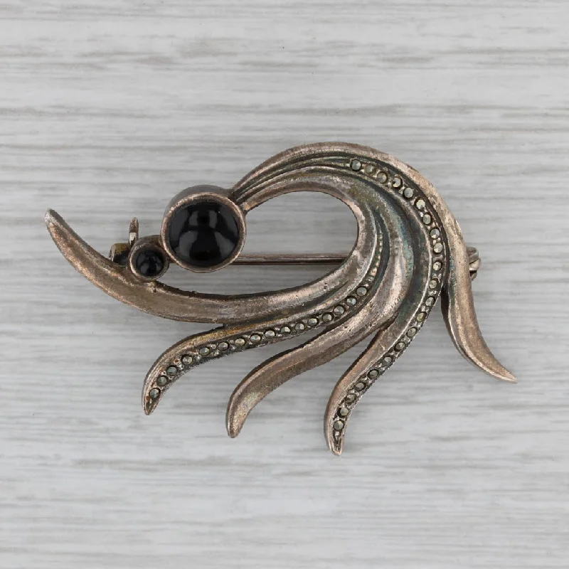 white gold engagement rings for women-Vintage Onyx Marcasite Bow Brooch Sterling Silver Pin Abstract Statement