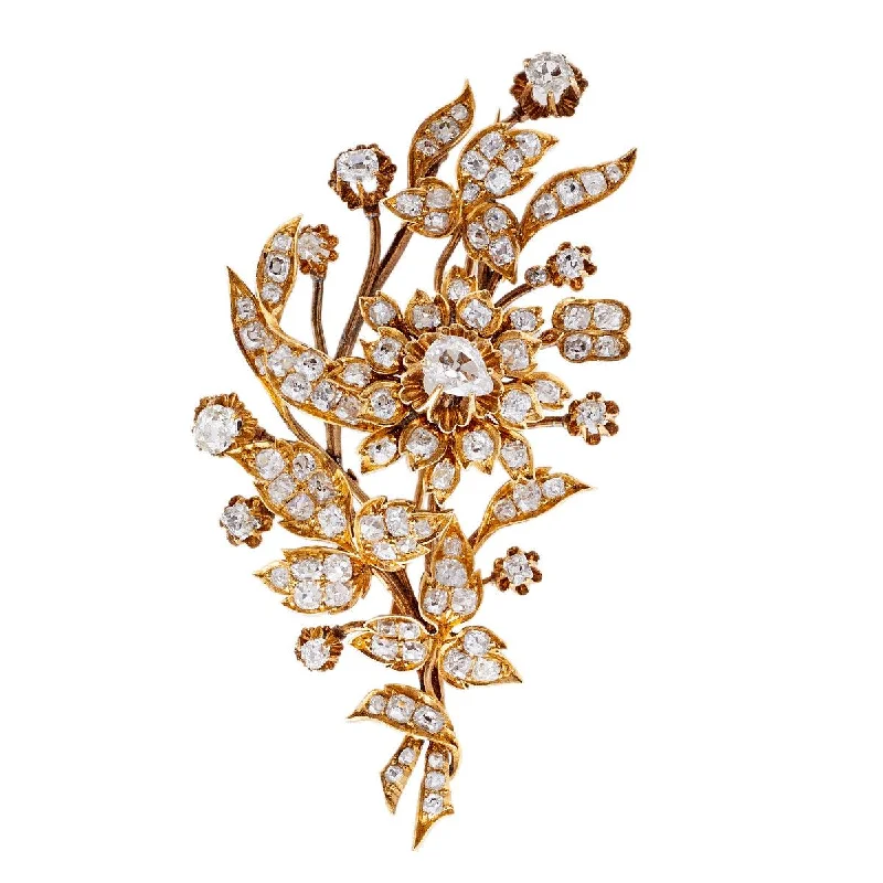 vintage brooch with pearls for women-Victorian Old Cut Diamond 14k Yellow Gold Bouquet Brooch