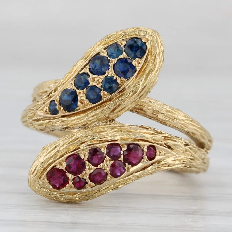 cushion halo engagement rings for women-0.87ctw Blue Sapphire Red Ruby Coiled Snake Bypass Ring 18k Yellow Gold Itay