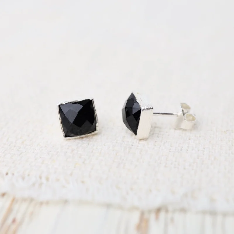 gold flower stud earrings for women-Silver Square Madeline Stud Earrings - Black Onyx