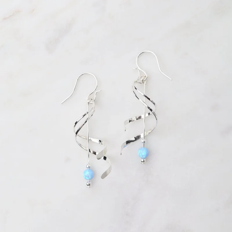 crystal drop earrings for women-Double Spiral with Hanging Blue Opal Ball Earrings