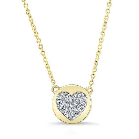 delicate charm necklace for women-14K Yellow Gold Diamond Double Sided Disc and Pave Heart Pendant