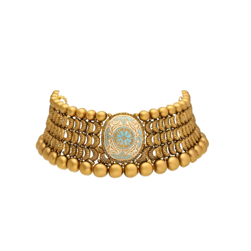 gold nameplate necklace for women-22K Yellow Antique Gold Choker Set W/ Blue & White Meena Center