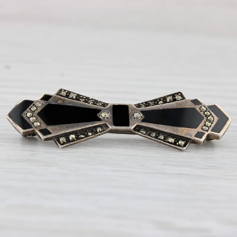 gold solitaire engagement rings for women-Art Deco Vintage Onyx Marcasite Bow Brooch Sterling Silver Pin