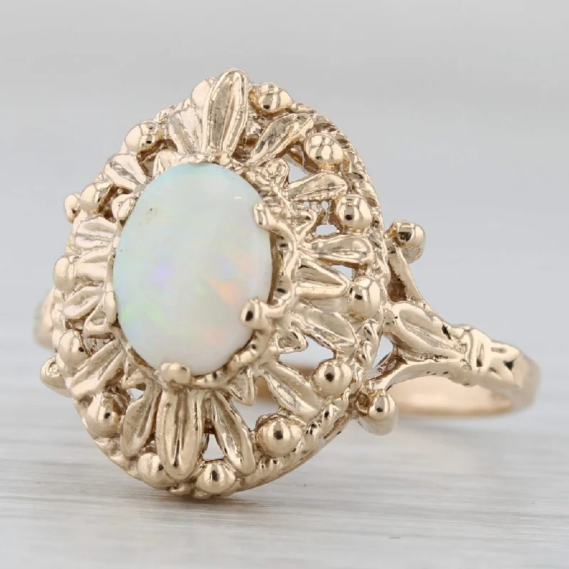 platinum engagement rings for women-Opal Oval Cabochon Solitaire Ring 10k Yellow Gold Vintage Ornate Size 7