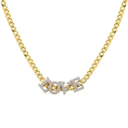 fashion necklace for women-14K Yellow + White Gold Diamond Love Curb Link Choker