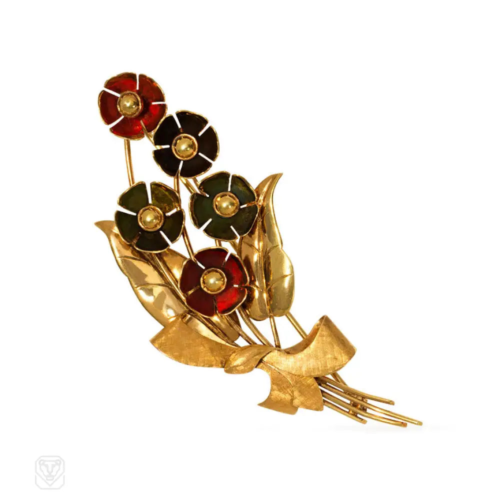 retro brooch for women-Retro gold and enamel bouquet brooch, Cartier