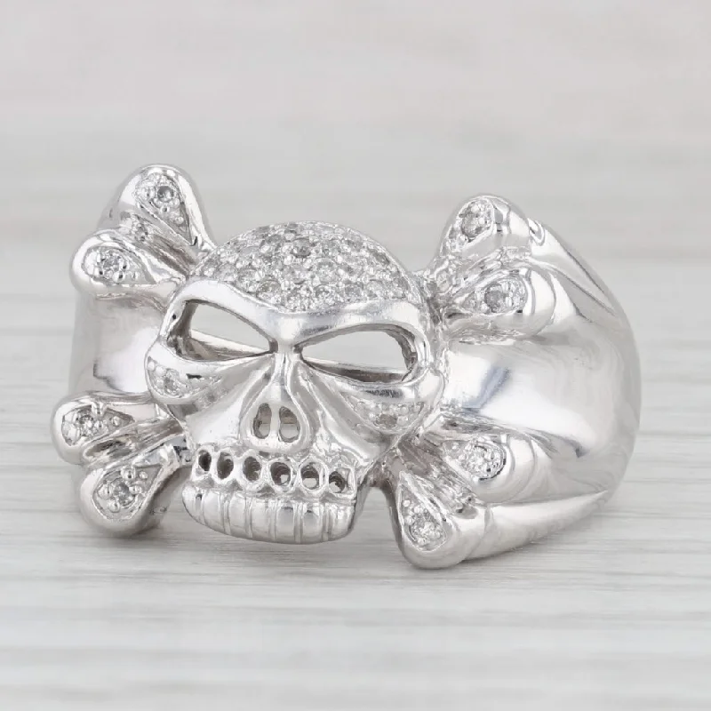 vintage diamond engagement rings for women-0.15ctw Diamond Skull Cross Bones Ring 14k White Gold Size 12.25 Biker