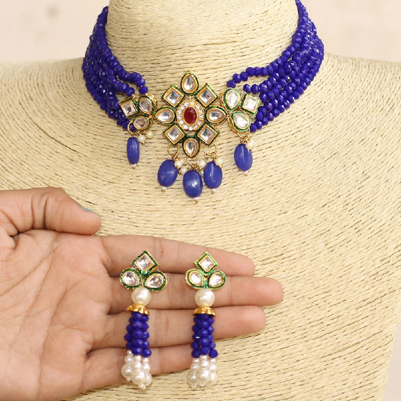 vintage gemstone necklace for women-Beadsnfashion Glass Crystal Beaded Kundan Choker Set Blue