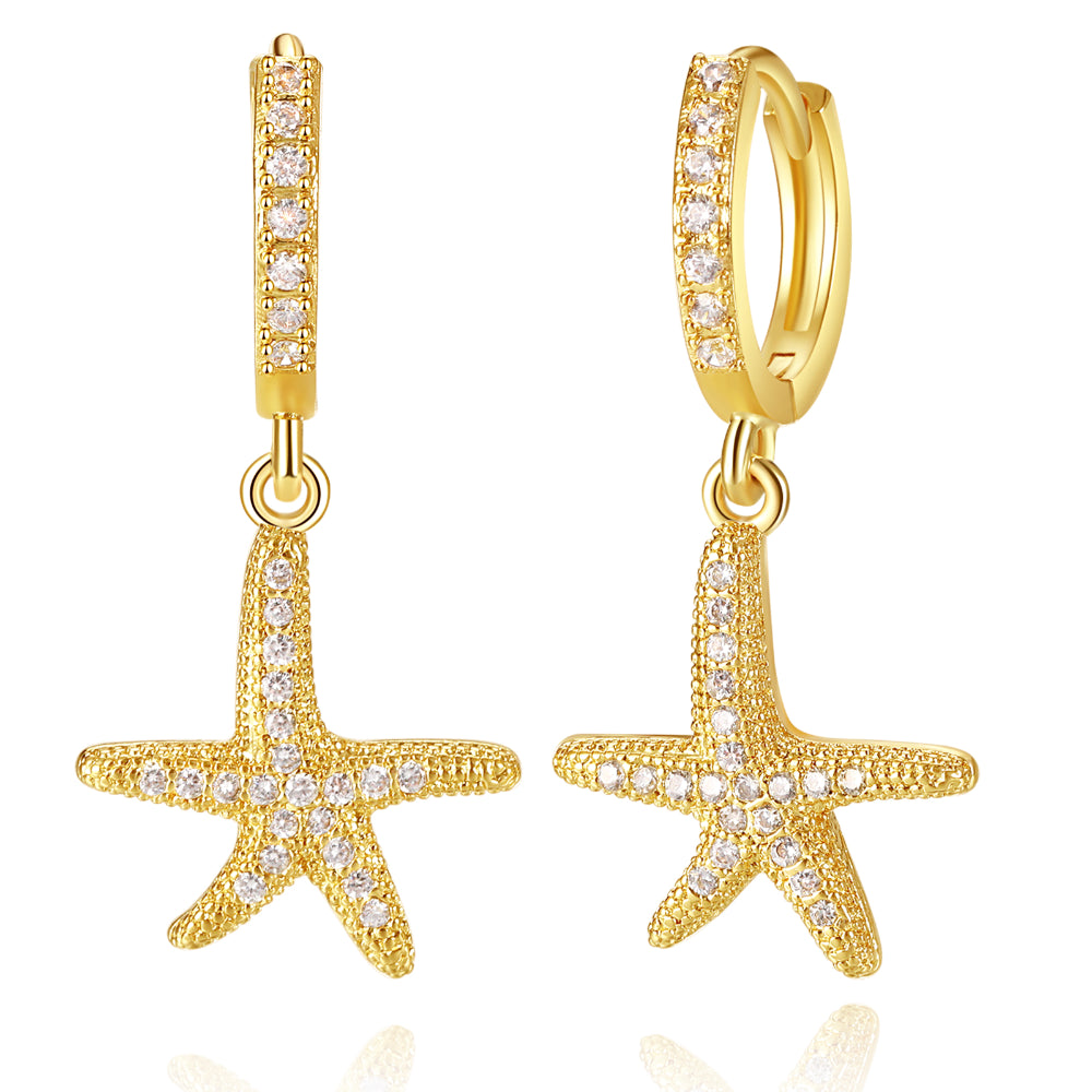 custom gemstone earrings for women-14K Gold Dangle Drop Hoop Earrings for Women Girls- Starfish