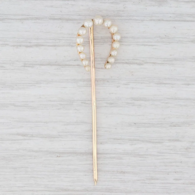 yellow gold engagement rings for women-Antique Pearl Horseshoe Stickpin 14k Yellow Gold Good Luck Western Equestrian