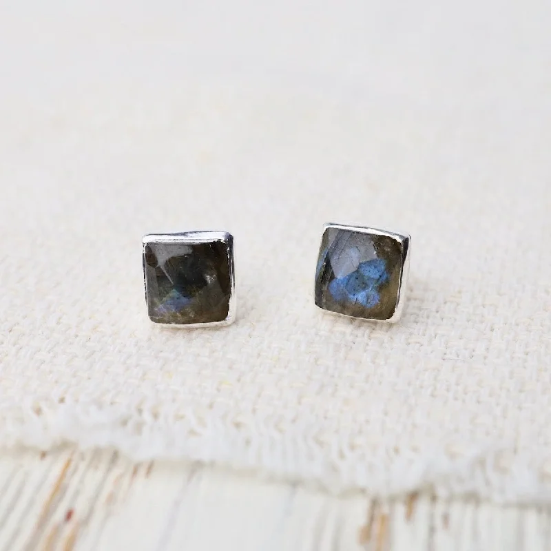 small hoop earrings for women-Silver Square Madeline Stud Earrings - Labradorite