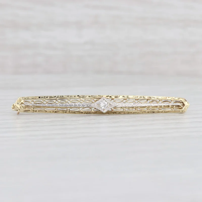 engraved engagement rings for women-Vintage Diamond Filigree Bar Pin 14k Yellow Gold Brooch