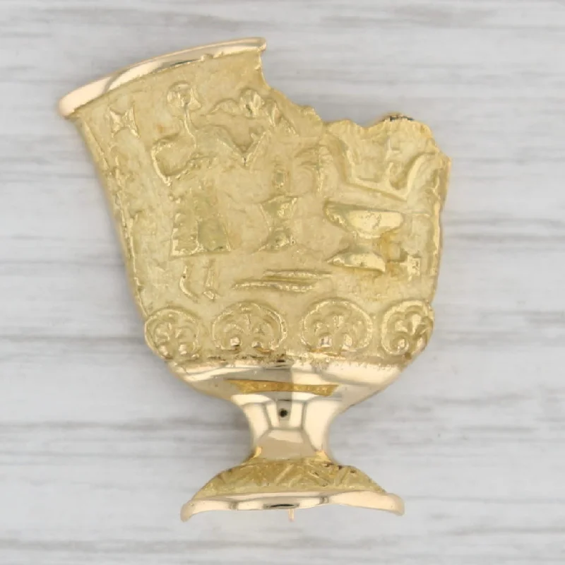 engraved engagement rings for women-Grecian Urn Goblet Brooch 18k Yellow Gold Figural Vintage Pin Made in Greece