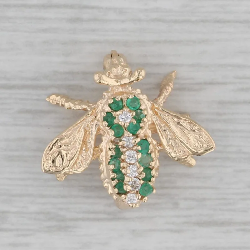 oval diamond engagement rings for women-Small 0.22ctw Emerald Diamond Bee Bug Pin 14k Yellow Gold