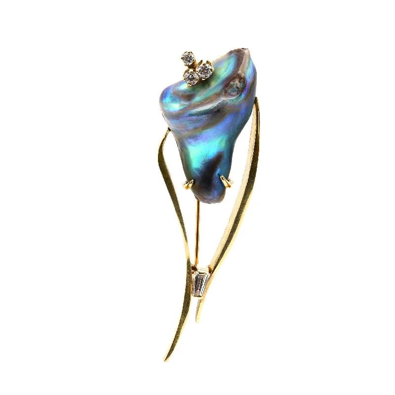 fashion crystal brooch for women-Vintage natural abalone pearl diamond 18k yellow gold brooch