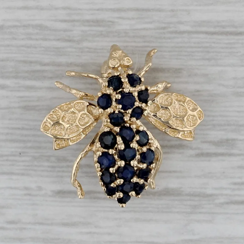 antique style engagement rings for women-0.65ctw Blue Sapphire Bee Pin 14k Yellow Gold Insect Brooch