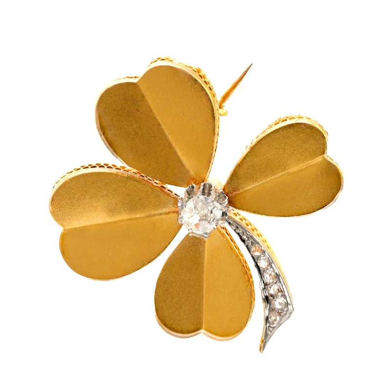 elegant brooch for parties-Antique French old cut diamond 18k yellow and platinum clover brooch