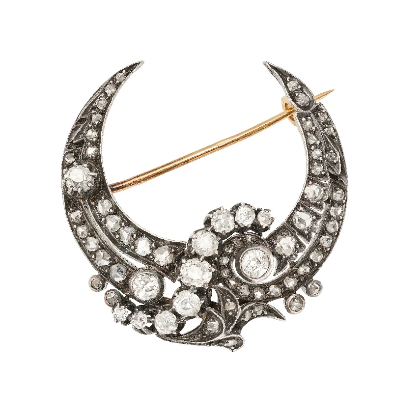 elegant brooch for parties-*NEW* Victorian Crescent Diamond Moon 18ct. & Silver Brooch