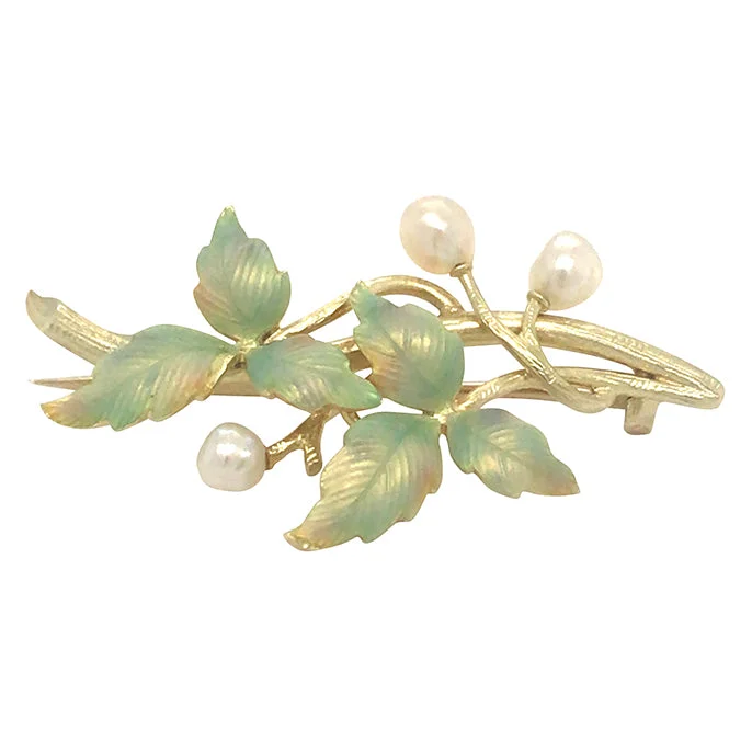 embroidered brooch for women-Enamel Leaf Pearl Brooch