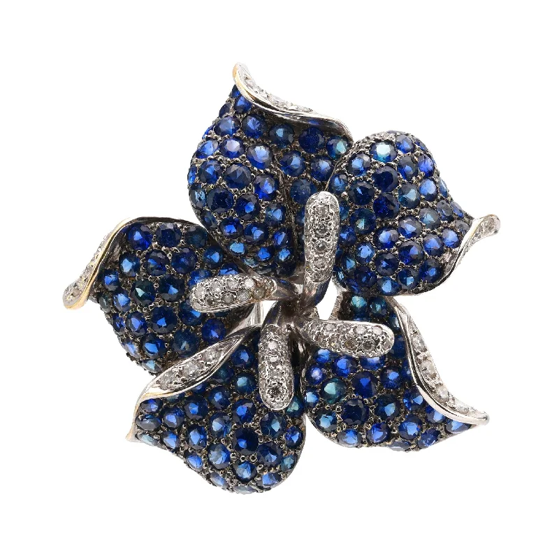 minimalistic brooch for women-Modern 9 carat sapphire diamond 18k white gold flower brooch