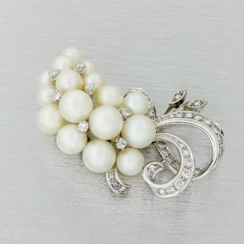 delicate brooch for women-Vintage Estate 14k White Gold 9mm Pearl Diamond Cluster Brooch Pin Pendant