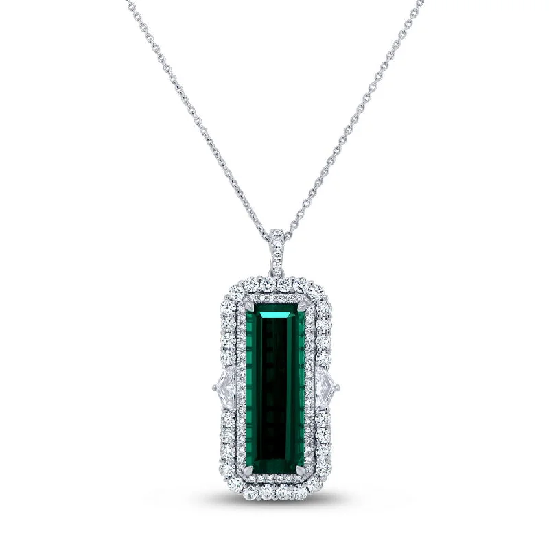 geometric brooch for women-Uneek Precious Collection Double-Halo Emerald Cut Green Tourmaline Brooch Pendant