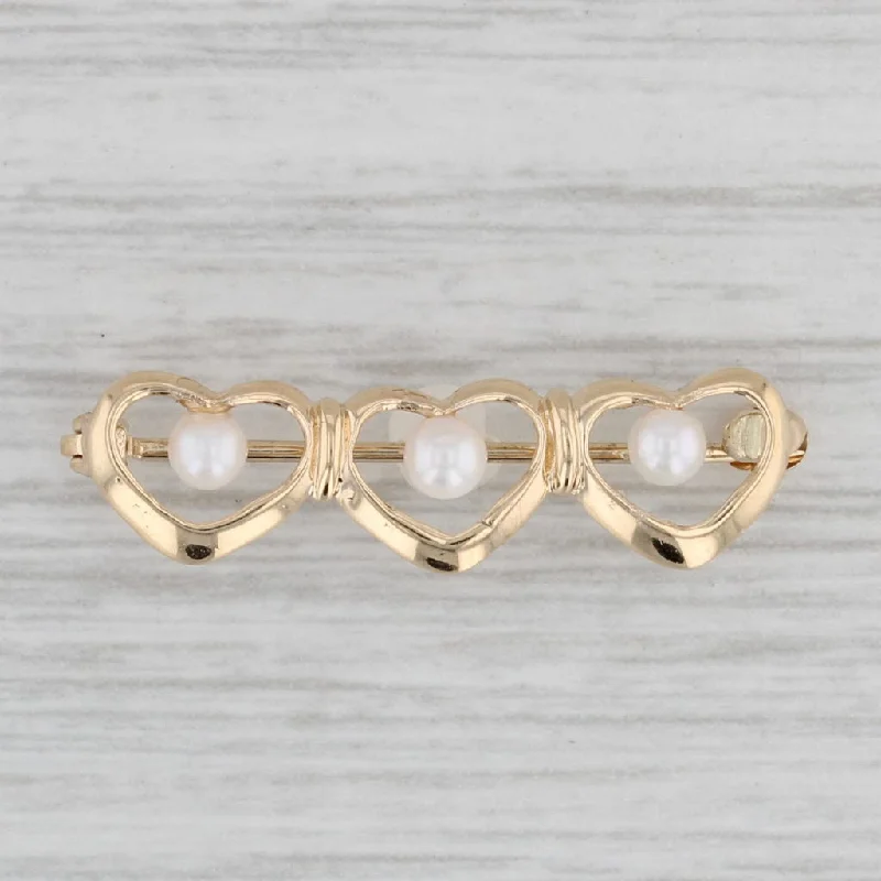 contemporary engagement rings for women-Vintage Cultured Pearl Hearts Bar Pin 14k Yellow Gold