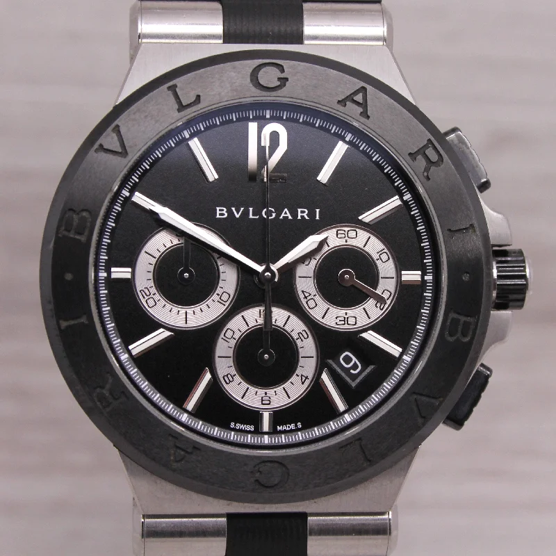 cushion cut engagement rings for women-Bvlgari Diagono Mens 42mm Steel Automatic Chronograph Watch Box Card Manuals