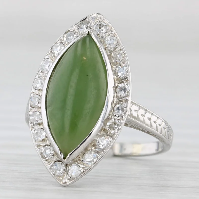 round cut engagement rings for women-Nephrite Navette Cabochon 0.27ctw Diamond Halo Ring 18k White Gold Size 4.5