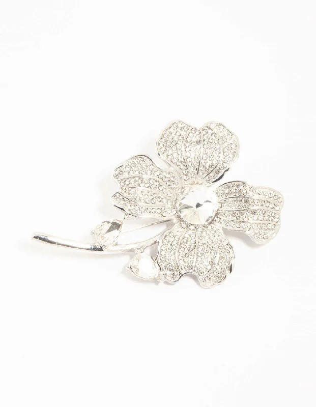 sophisticated brooch for women-Silver Diamante Flower Brooch