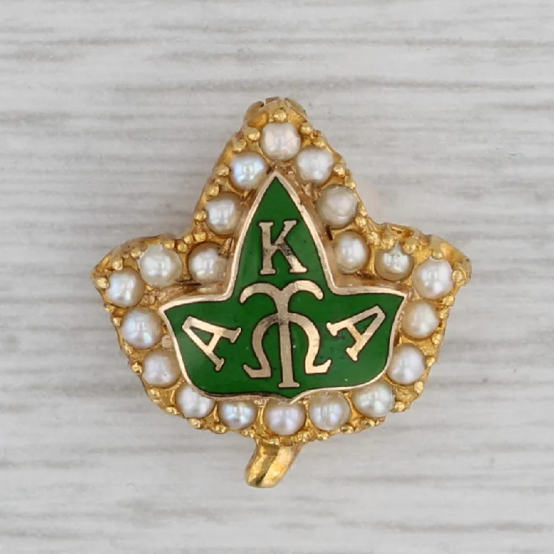 modern engagement rings for women-Alpha Kappa Alpha Sorority Leaf Pin 10k Gold Pearl Enamel Vintage Greek Badge