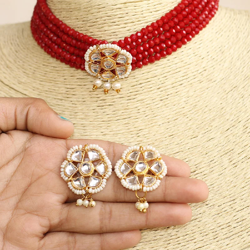 classic diamond pendant necklace for women-Beadsnfashion Glass Crystal Beaded Kundan Choker Set Maroon