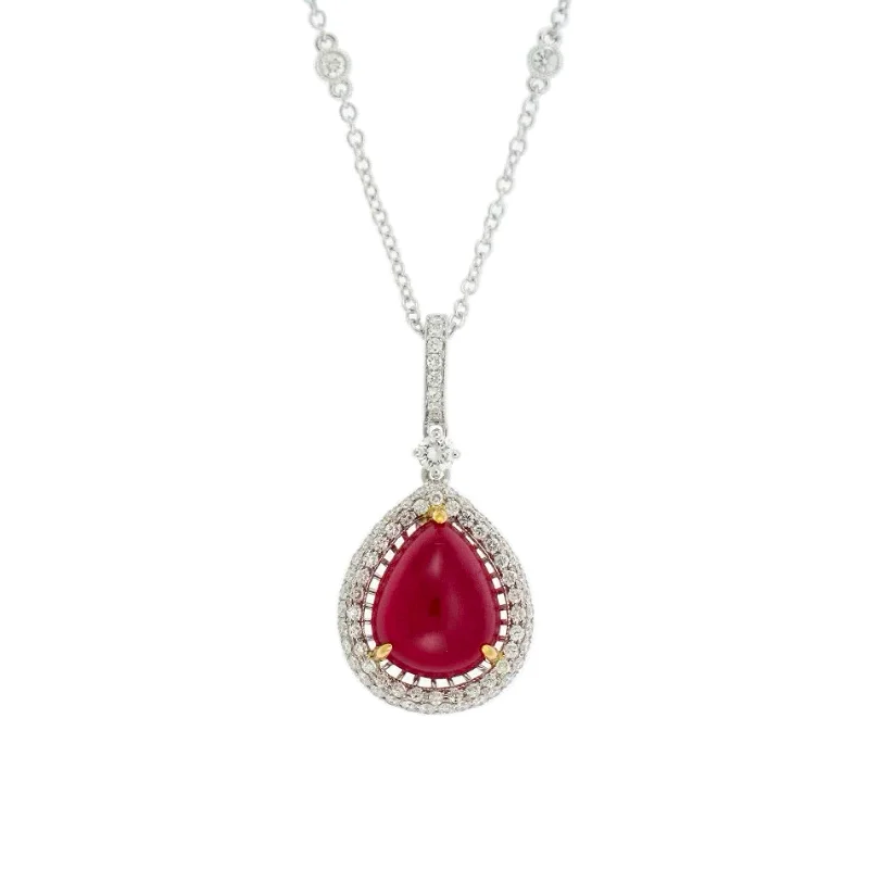 silver bar necklace for women-Ruby & Diamond Halo Pendant