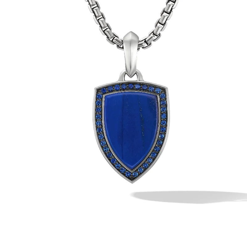 vintage leaf necklace for women-Shield Amulet in Sterling Silver with Lapis and Pave Sapphires