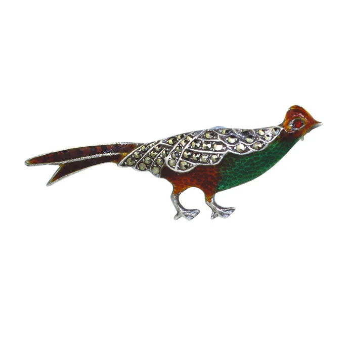 silver brooch for women-Enamel & Marcasite Pheasant Brooch