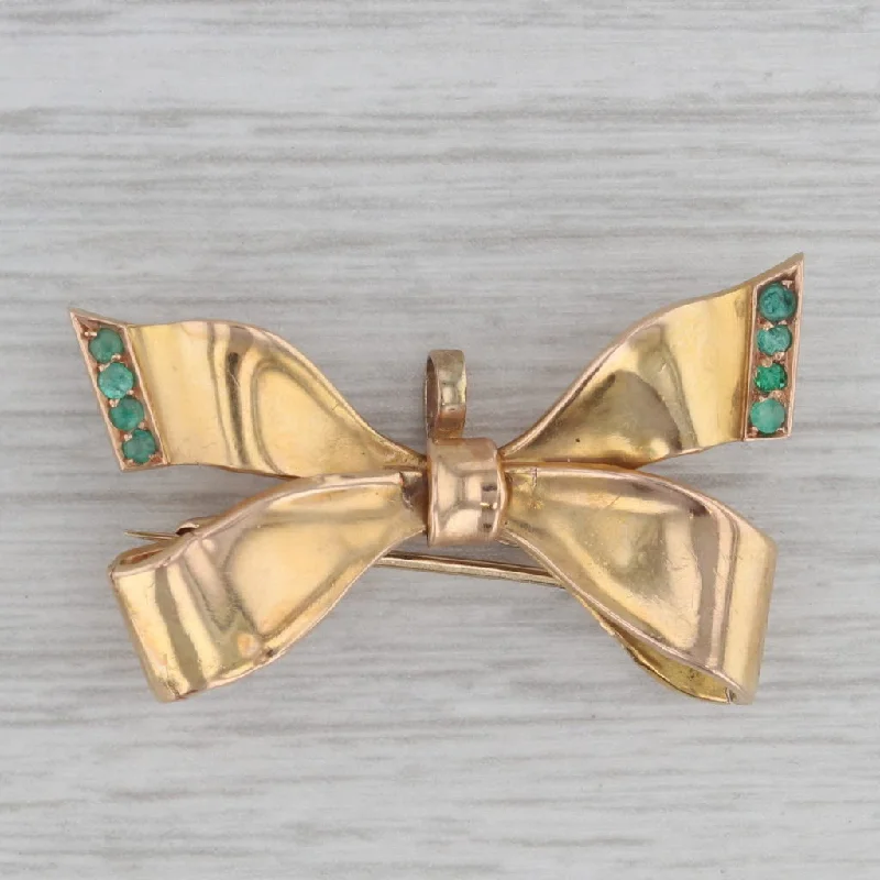 vintage engagement rings for women-Antique Bow Brooch 14k Yellow Gold 0.15ctw Emerald 1800s Pin