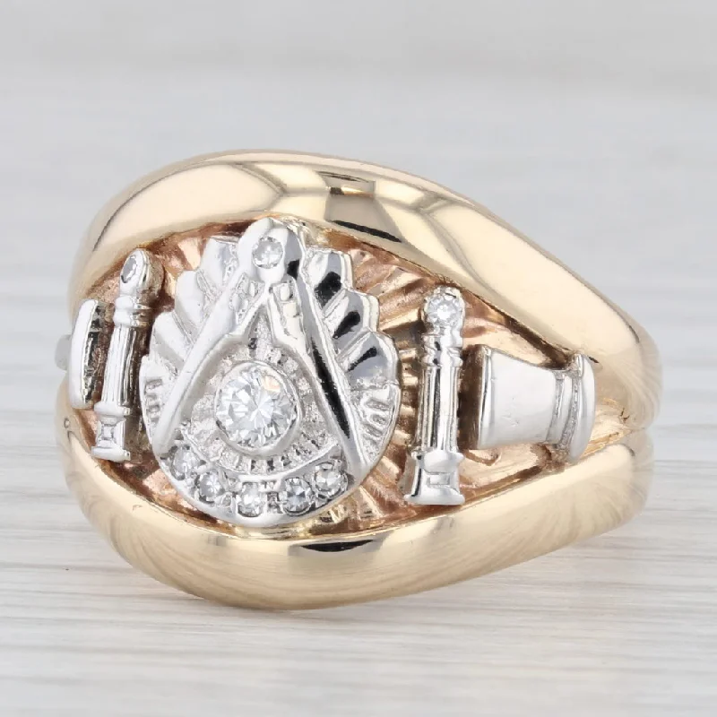 platinum engagement rings with diamonds for women-Vintage Past Master Ring 14k Gold Diamond Masonic Signet Cigar Band Size 11.5