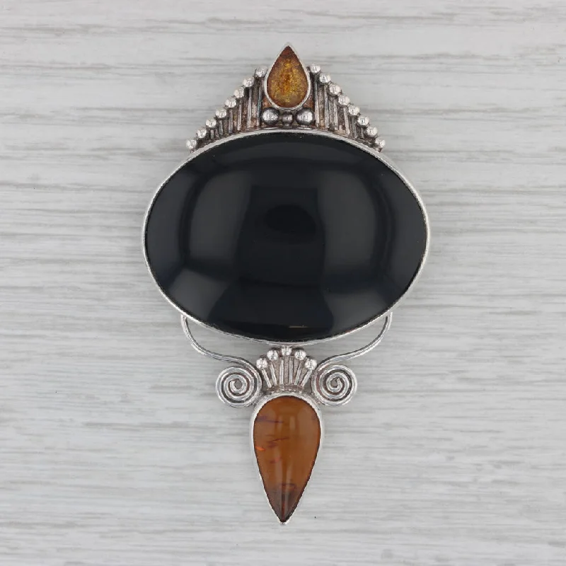 gemstone engagement rings for women-Sajen Onyx Amber Statement Brooch Sterling Silver Pendant Pin