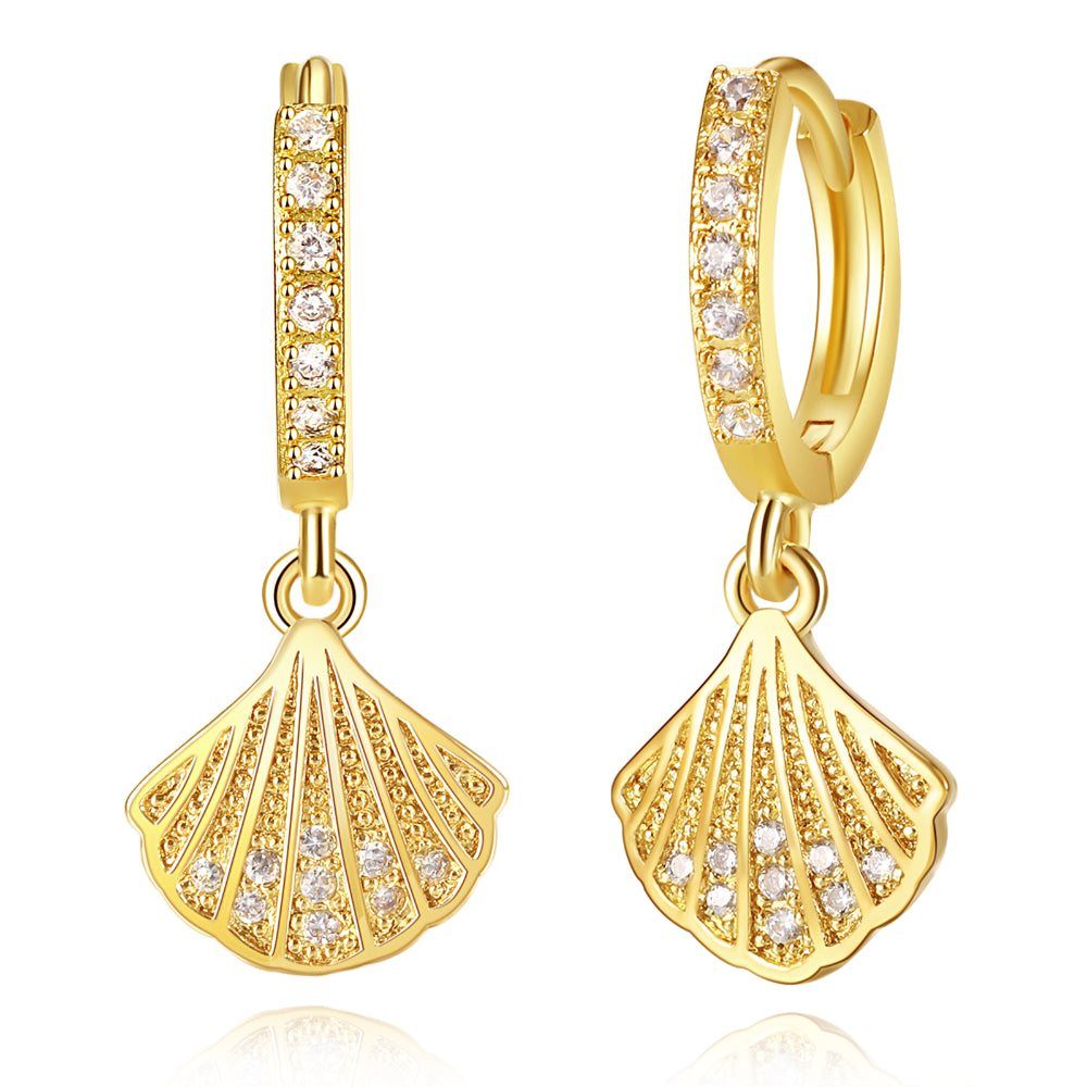 luxury pearl earrings for women-14K Gold Dangle Drop Hoop Earrings for Women Girls- Shell