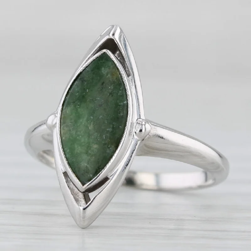 infinity engagement rings for women-Nephrite Jade Navette Cabochon Solitaire Ring 10k White Gold Size 4.5