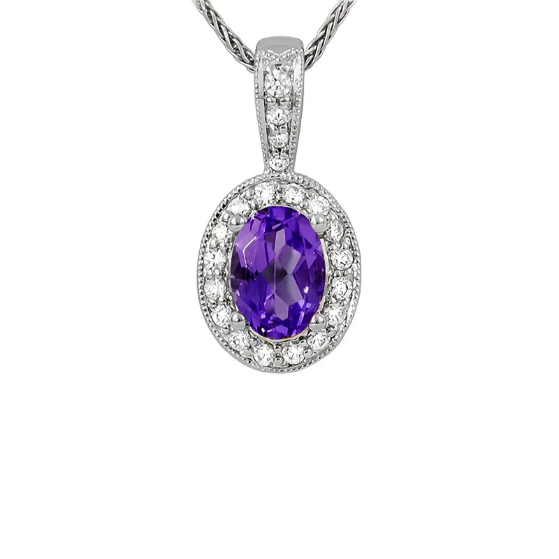 boho charm necklace for women-Oval Amethyst & Diamond Halo Pendant