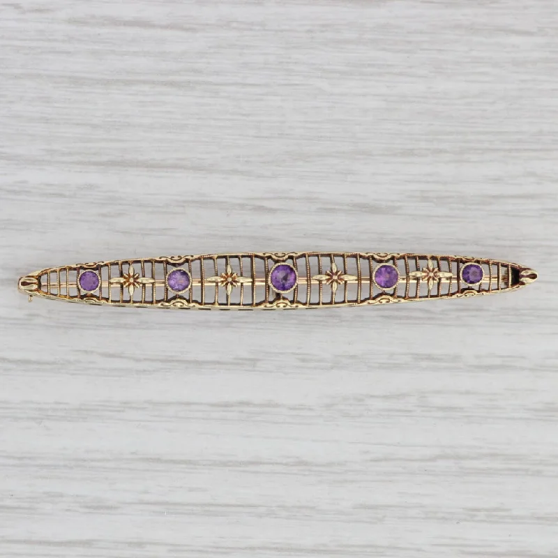 elegant halo engagement rings for women-Art Deco 0.50ctw Amethyst Filigree Bar Brooch 14k Yellow Gold Pin