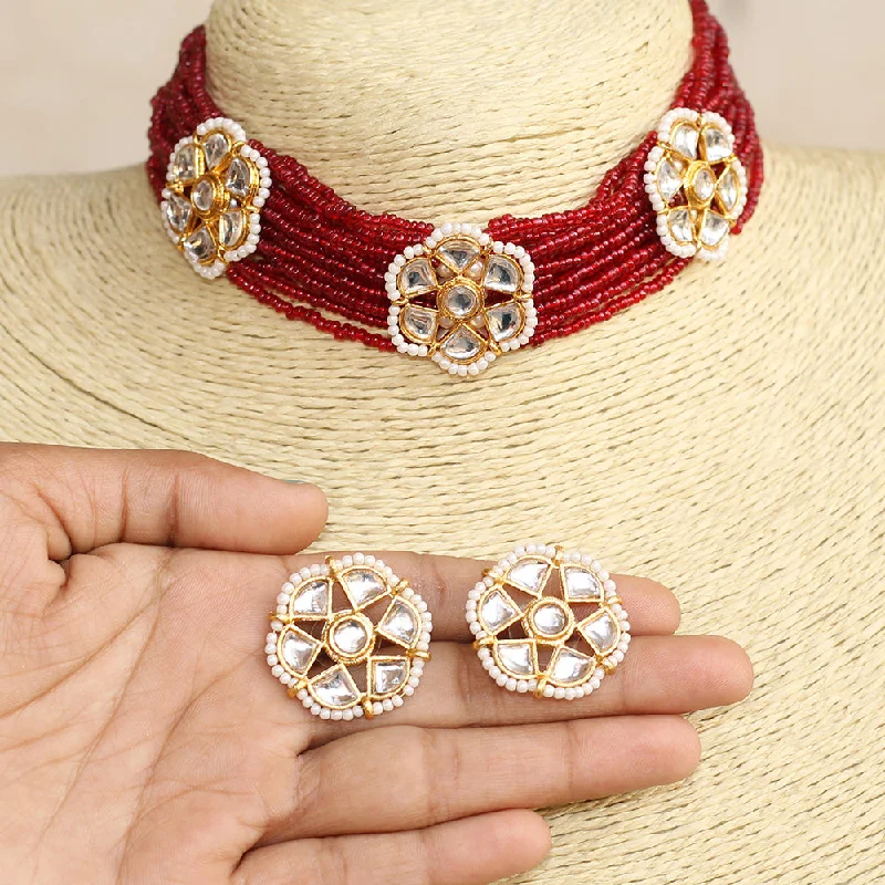 sparkling diamond necklace for women-Beadsnfashion Seed Beads Beaded Kundan Choker Set Maroon