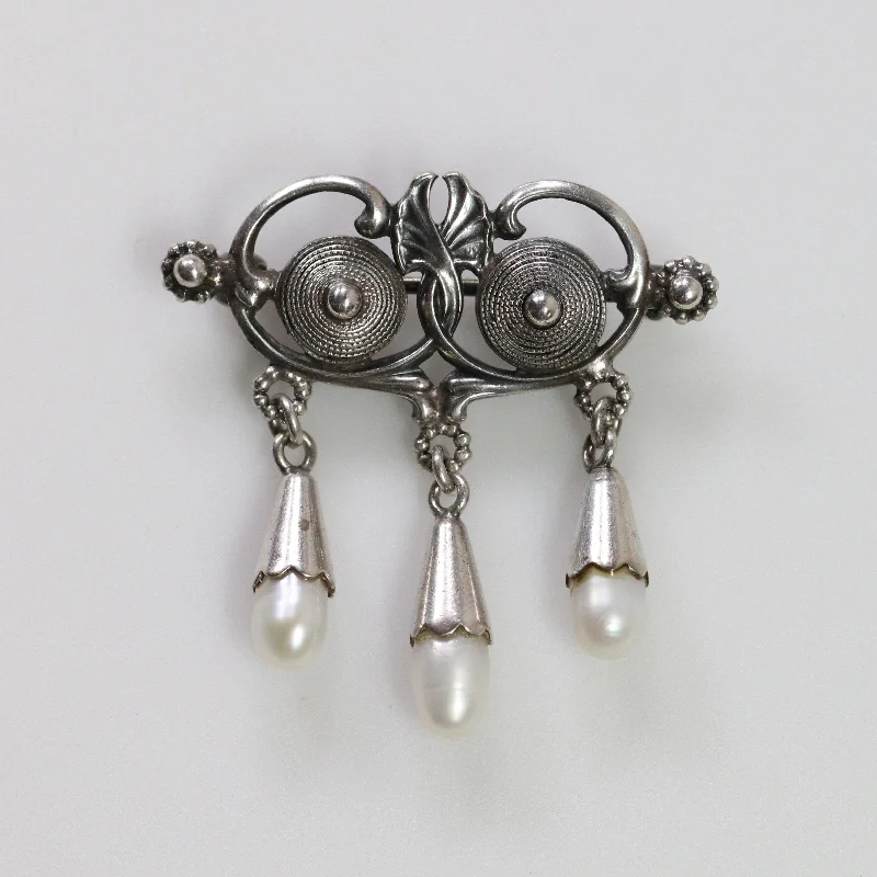 floral gemstone brooch for women-Vintage Silver Jewelry | Art Nouveau Seed Pearl Brooch