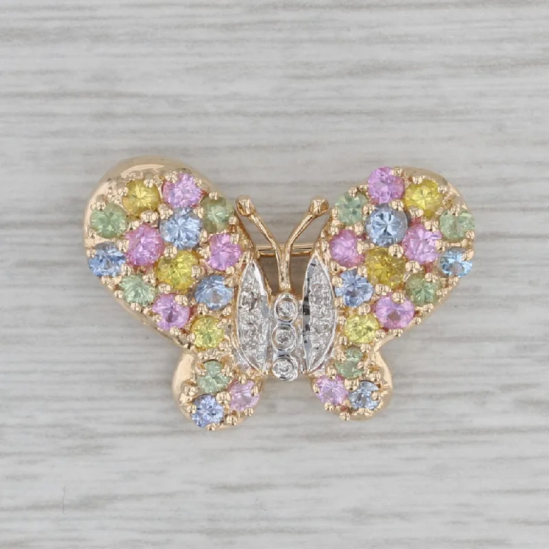 matching wedding and engagement rings for women-1.94ctw Multicolor Sapphire Diamond Butterfly Pendant Pin 14k Yellow Gold