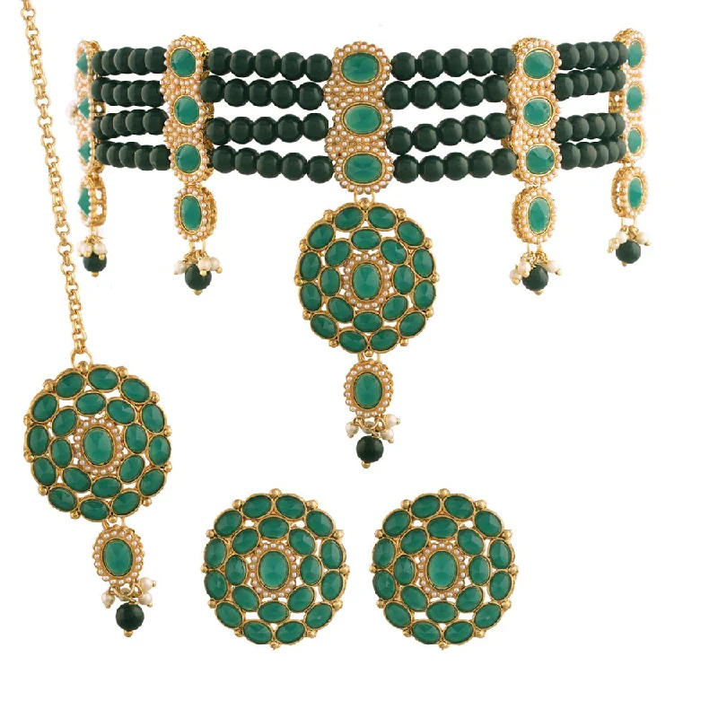 classic gemstone necklace for women-Etnico 18K Gold Plated Traditional Handcrafted Faux Kundan & Pearl Studded Choker Jewellery Set For Women (K7094G)