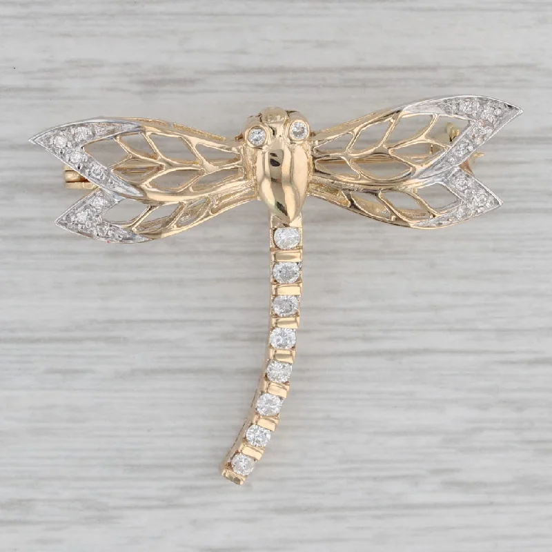 vintage-inspired engagement rings for women-0.25ctw Diamond Dragonfly Brooch 18k Yellow Gold Statement Pin Insect Jewelry